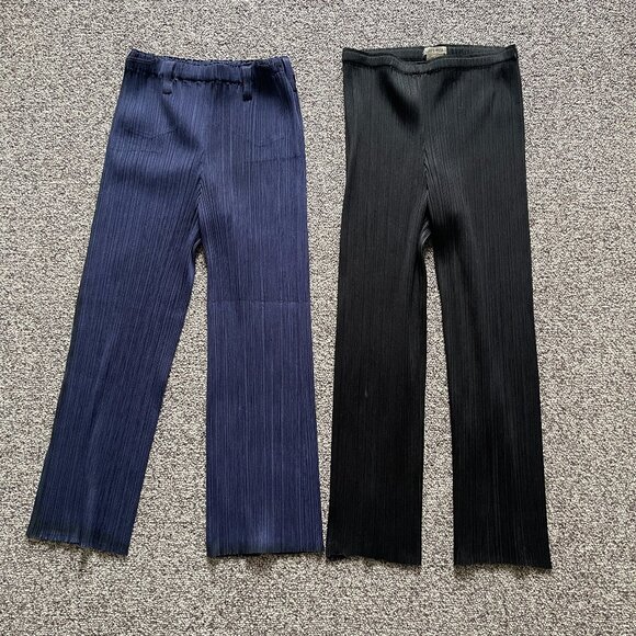 Pleats Please Issey Miyake Navy “Denim” Look & Black Pants Lot Sz 2 - Picture 1 of 6